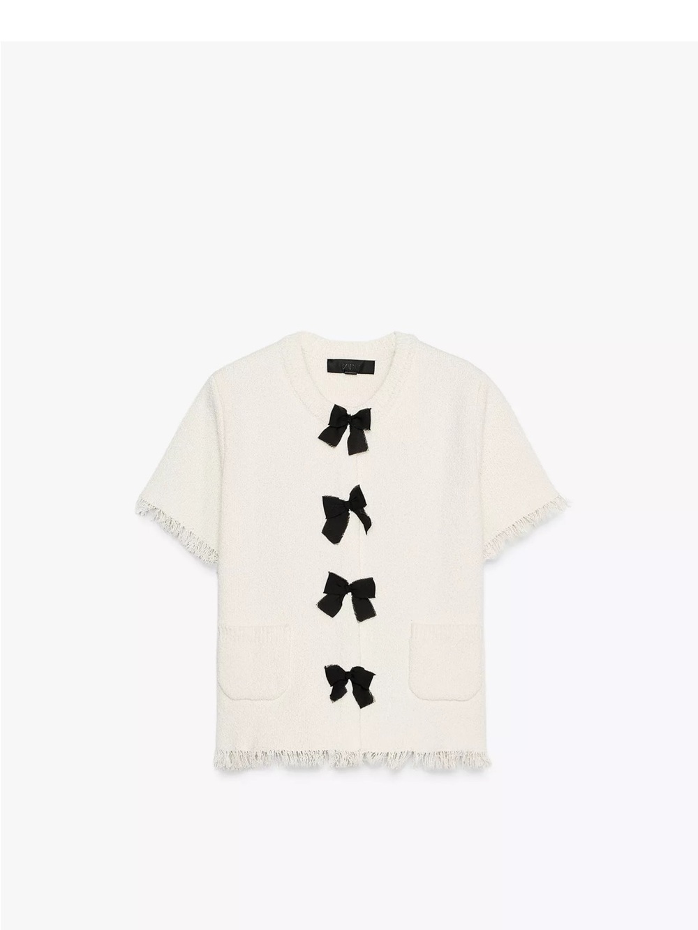 Zara Cream Short-Sleeve Cardigan with Black Bow Details